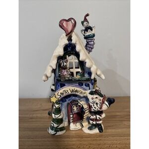 Heather Goldminc Blue Sky Clayworks Santa's Workshop Ceramic Candle Decor 2001